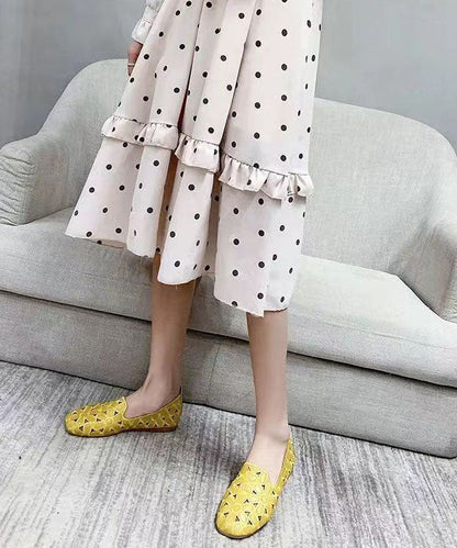 Cotton Fabric Hollow Out Embroidery Splicing Yellow Loafers for