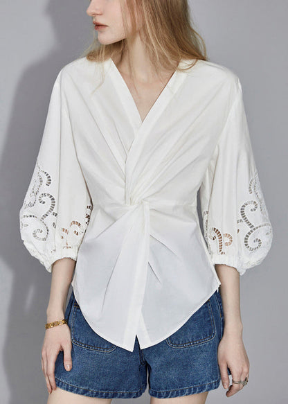 White V Neck Hollow Out Cotton Blouses Bracelet Sleeve