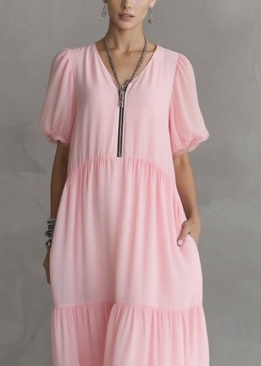 Pink V Neck Pockets Patchwork Long Dress Short Sleeve