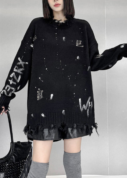 Black Graphic Hole Thick Cotton Knit Sweater Fall
