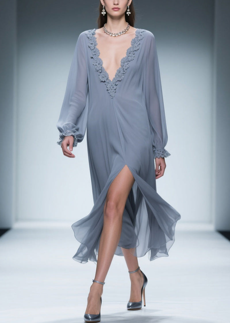 Blue Lace Side Open Chiffon Dress V Neck Butterfly Sleeve Spring