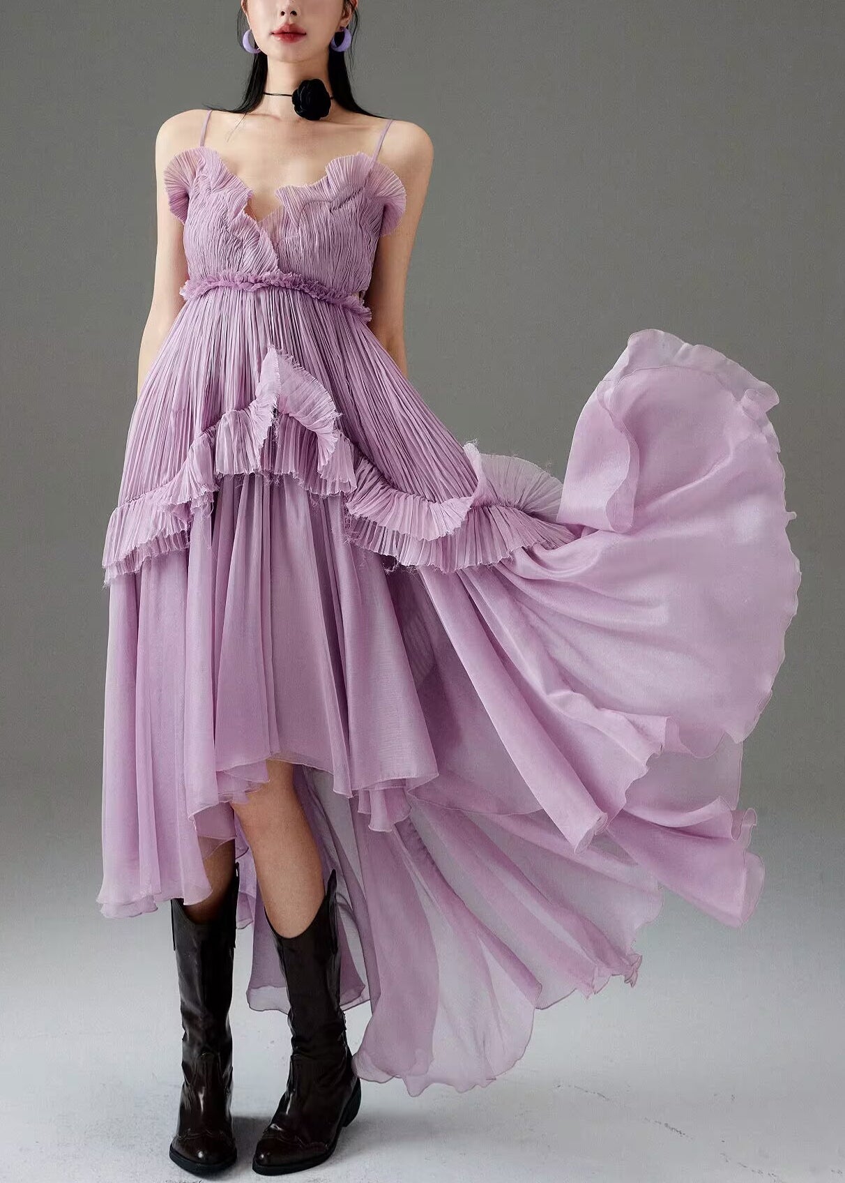 Purple Ruffled Low High Design Chiffon Spaghetti Strap Dress Sleeveless