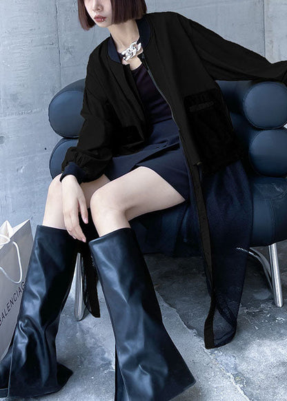 Black Zippered Pockets Tulle Patchwork Fall Long Sleeve Trench Coat