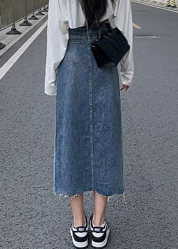 Denim Blue Asymmetrical Patchwork Pockets a Line Skirt
