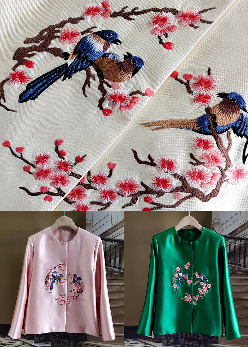 Fine Pink O-neck Embroideried Patchwork Silk Coat Spring