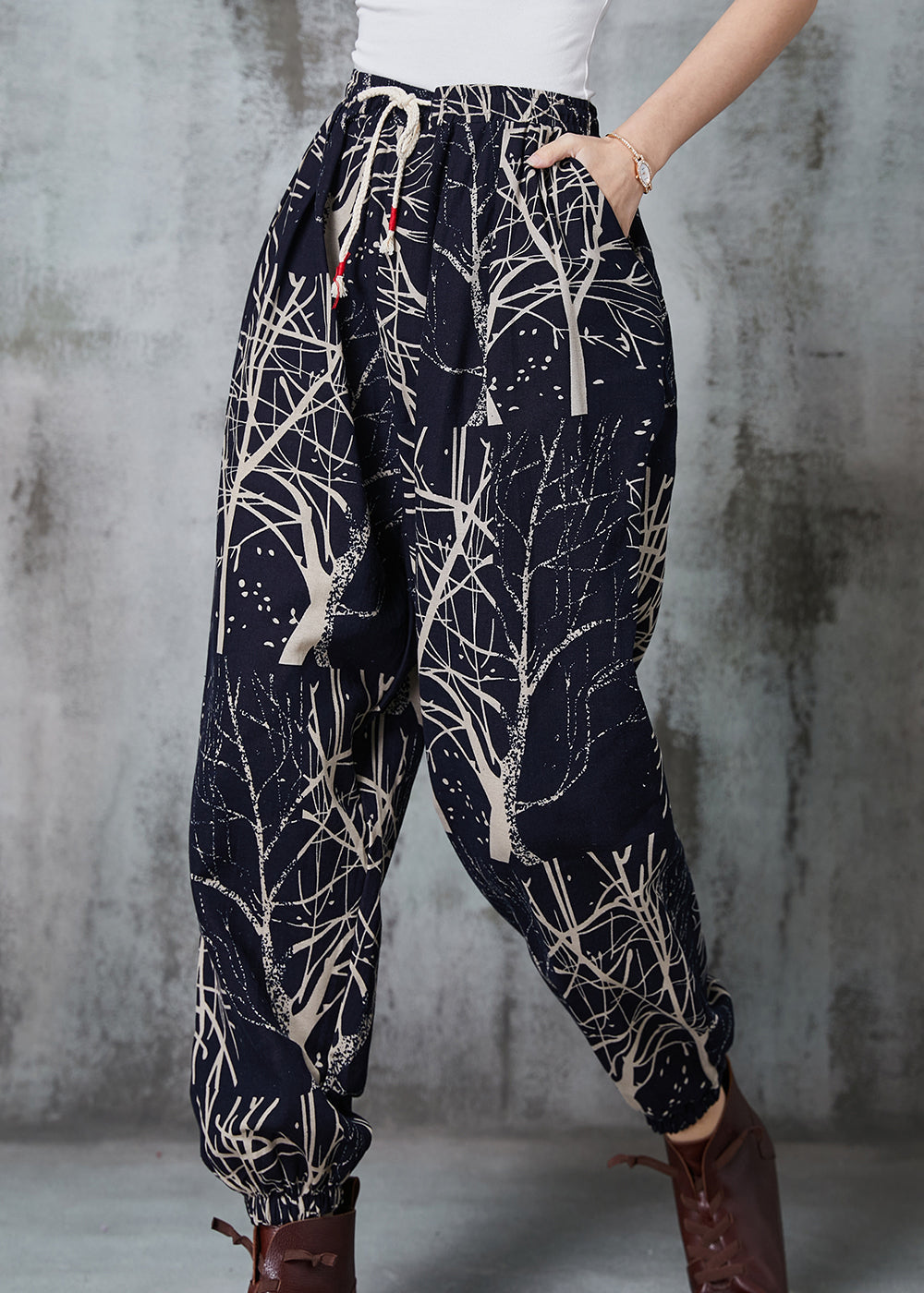 Black Oversized Print Cotton Harem Pants Spring