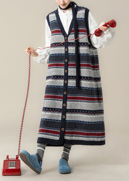 French Navy V Neck Jacquard Knit Vest Dress and Shirts 2 Piece Outfit Winter