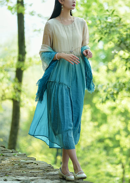 Gradient Color O-neck Ruffled Cotton Long Dresses Bracelet Sleeve Summer