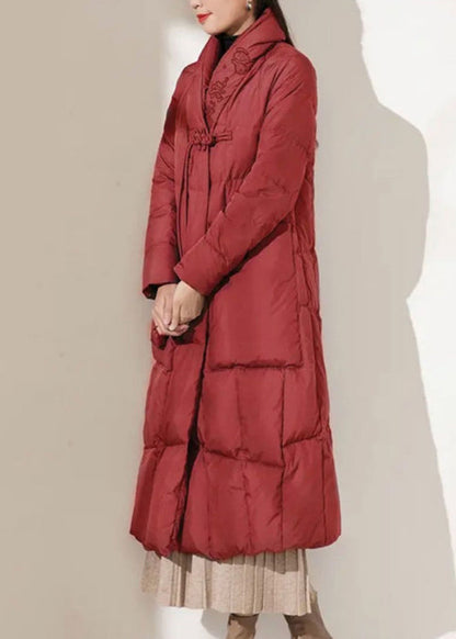 Red Button Pockets Patchwork Duck Down Coat Winter
