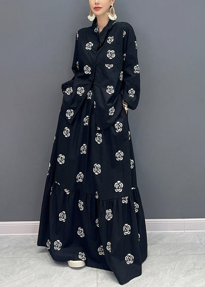 Boutique Black Stand Collar Print Patchwork Cotton Two-piece Set Fall