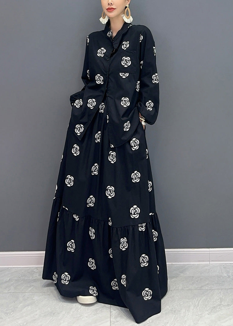Boutique Black Stand Collar Print Patchwork Cotton Two-piece Set Fall