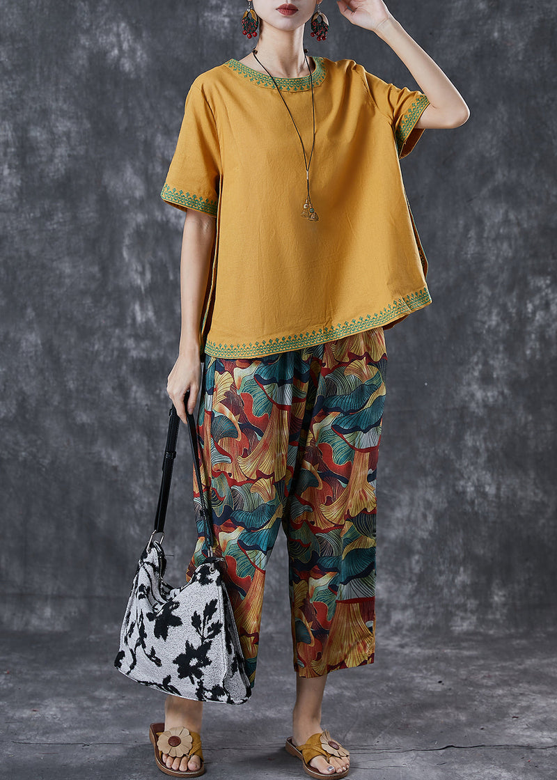 Yellow Oversized Print Linen Two Pieces Set Summer