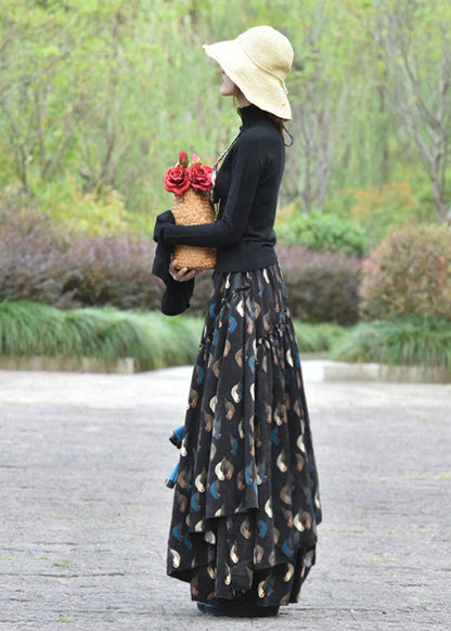 Black Wrinkled Print Elastic Waist Corduroy Skirt Spring