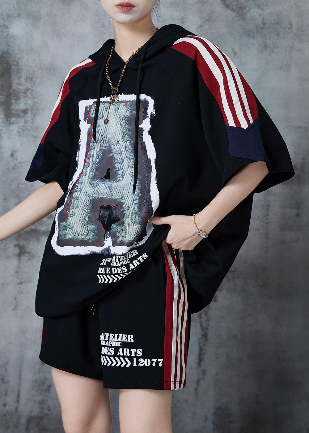 Black Oversized Print Cotton Sweatshirt Two Pieces Set Summer