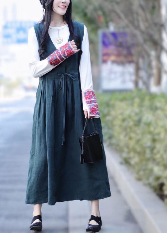 Green Tie Waist V Neck Linen Vacation Dresses Spring