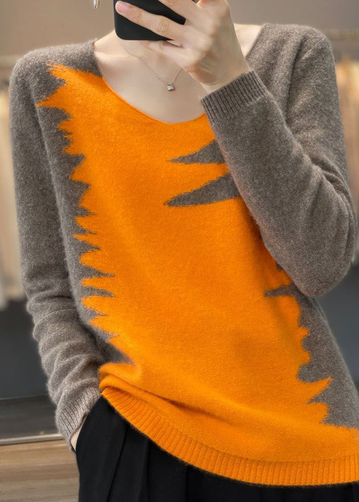 Blue V Neck Patchwork Cozy Top Long Sleeve
