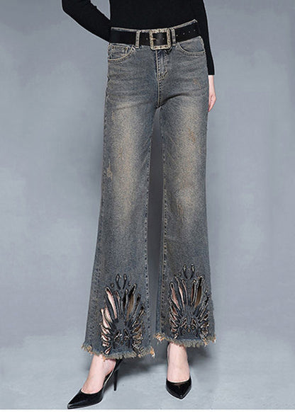 French Blue High Waist Pockets Hollow Out Cotton Denim Flare Pants Summer