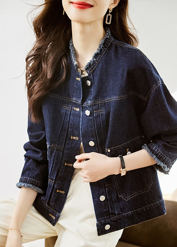 Dark Blue O-neck Pockets Patchwork Denim Coats Fall