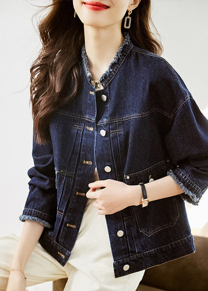 Dark Blue O-neck Pockets Patchwork Denim Coats Fall