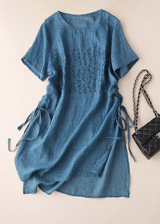 Blue O-neck Embroideried Cotton Dress Short Sleeve