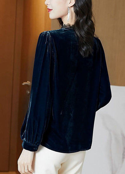 Blue Lace Patchwork Silk Velour Blouse Tops Long Sleeve