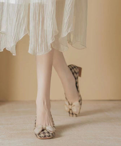 New French Square Bow Plaid Chunky Heel