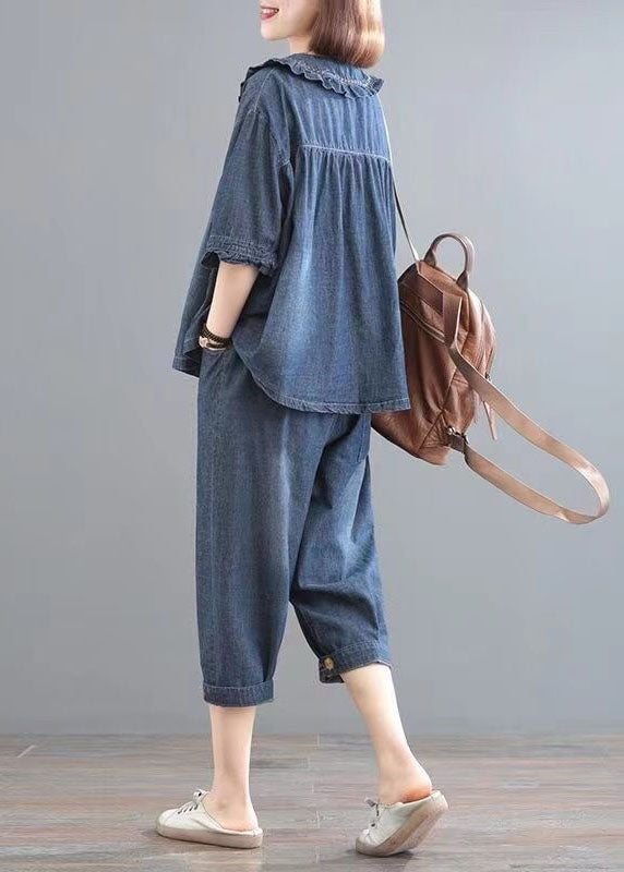 Classy Blue Wrinkled Embroideried Tops and Pants Denim Two Pieces Set Summer