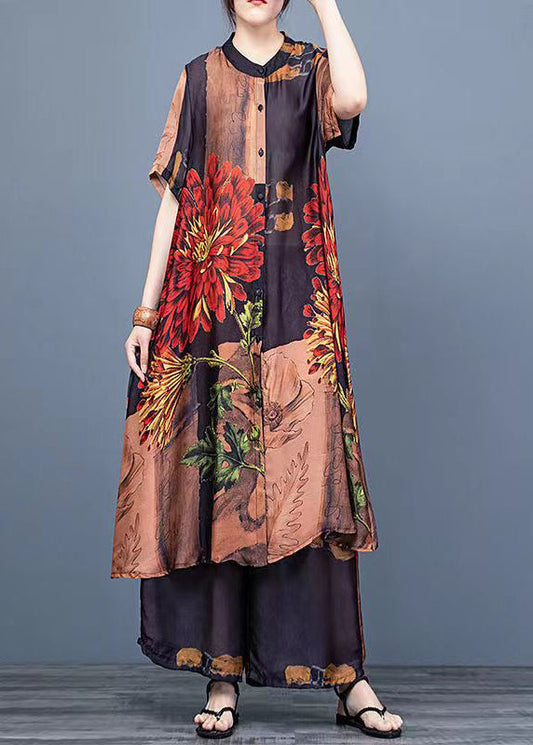 Chocolate Print Silk Shirt Dress and Wide Leg Pants Two Pieces Set Thin Half Sleeve