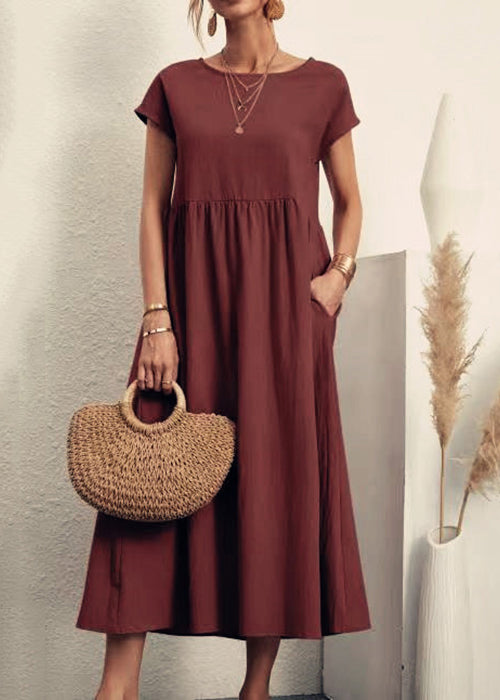 Loose Wine Red O Neck Pockets Cotton Long Dresses Summer