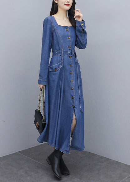 Italian Blue Square Collar Button Pockets Sashes Cotton Denim Long Dresses Long Sleeve