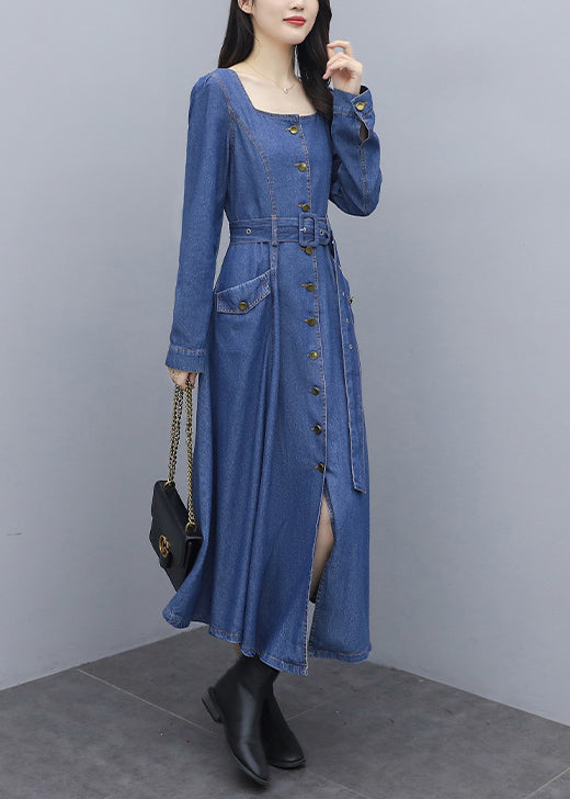 Italian Blue Square Collar Button Pockets Sashes Cotton Denim Long Dresses Long Sleeve