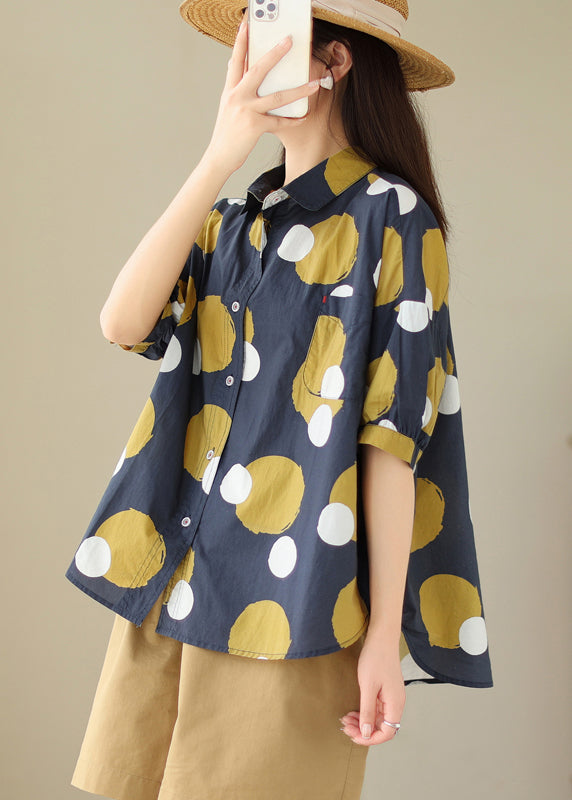 Navy Peter Pan Collar Print Cotton Shirt Tops Summer