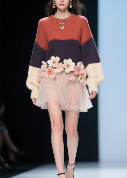 Modern Colorblock O Neck Tulle Knit Dress Fall