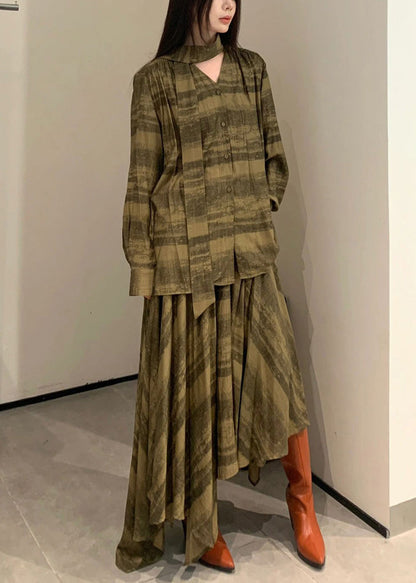 Green Plaid Asymmetrical Cotton Two Pieces Set Spring