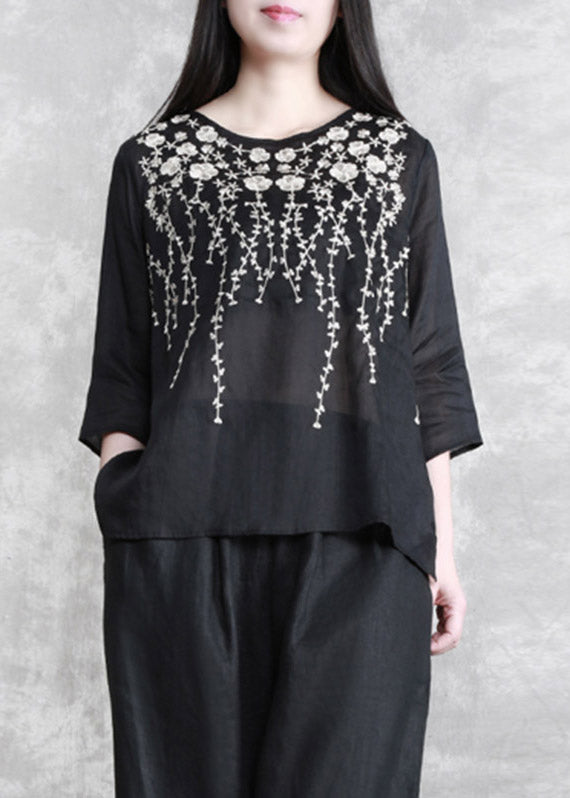Black Embroideried Linen Top Three Quarter Sleeve