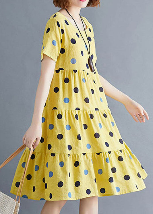 Yellow O-neck Dot Print Cotton Party Dress Short Sleeve