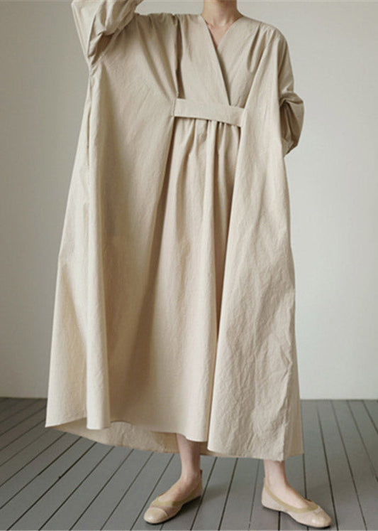 Beige V Neck Wrinkled Cotton Dress Long Sleeve