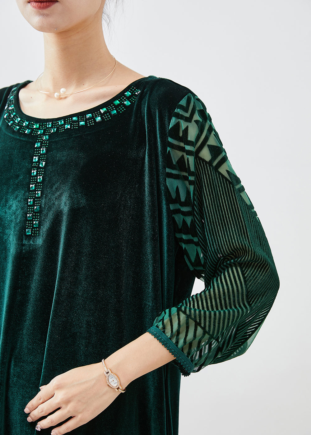 Italian Blackish Green Hollow Out Zircon Silk Velour Long Dresses Bracelet Sleeve