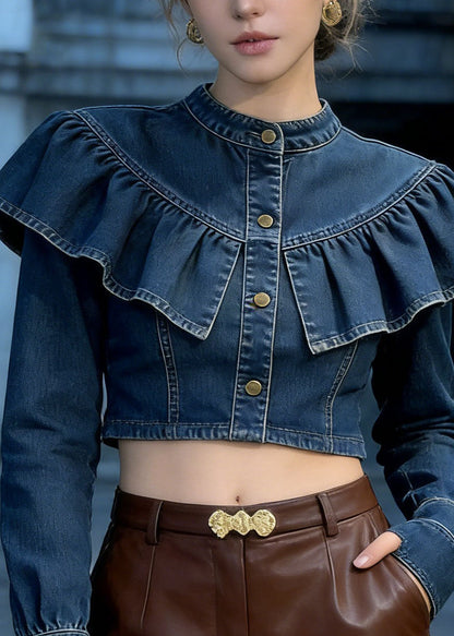 Blue Ruffled Patchwork Denim Short Top Spring