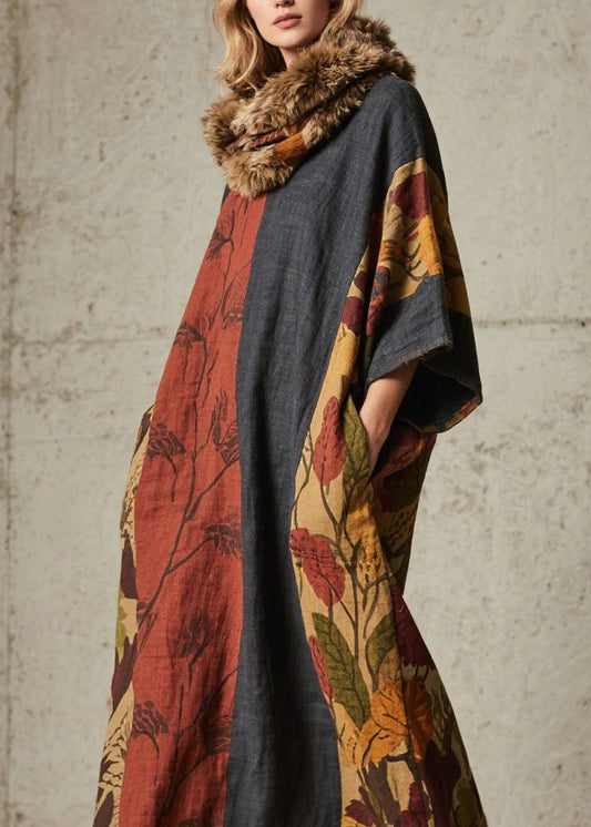 Colorblock Print Pockets Cotton Long Dress Fall