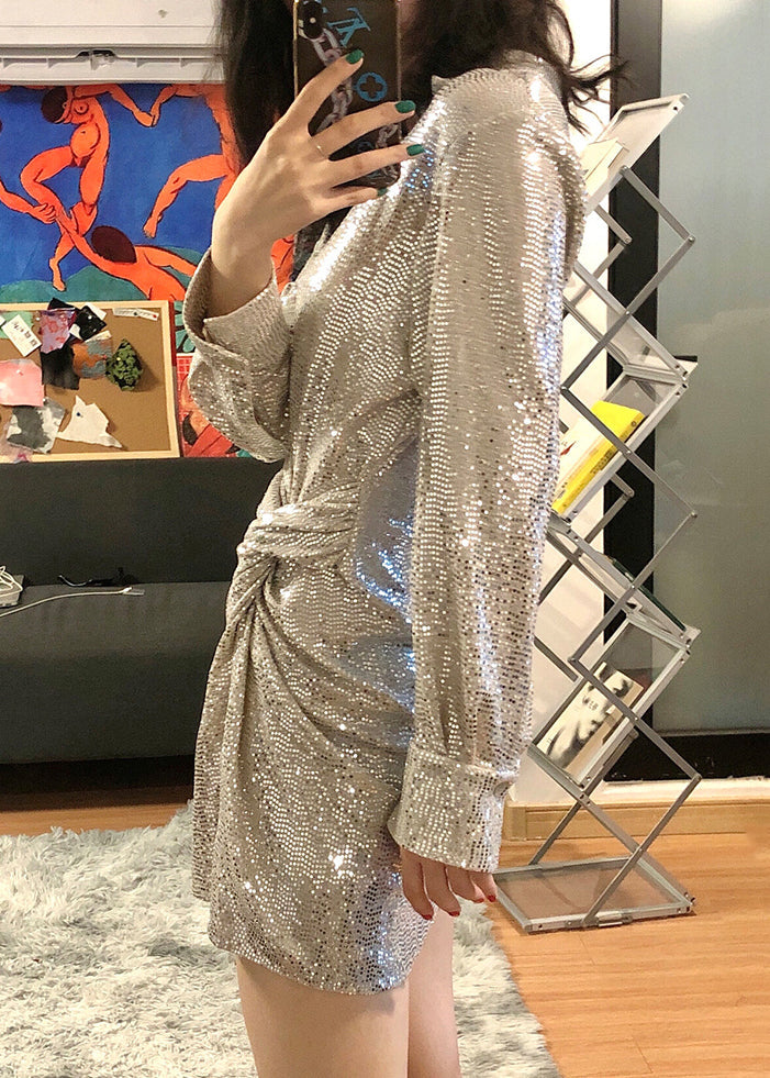 Silver Peter Pan Collar Sequins Mid Dress Spring
