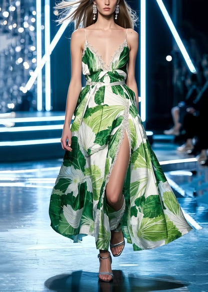 Green Print Side Open Silk Spaghetti Strap Dress Summer