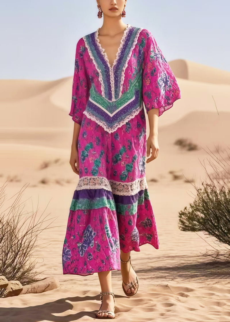 Rose Print Patchwork Cotton Vacation Dresses Summer