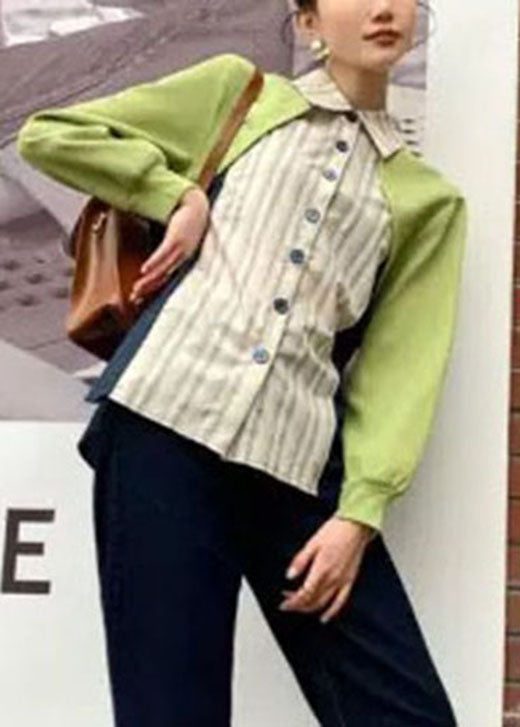 Handmade Green Patchwork Striped Button Fall Long Sleeve Top