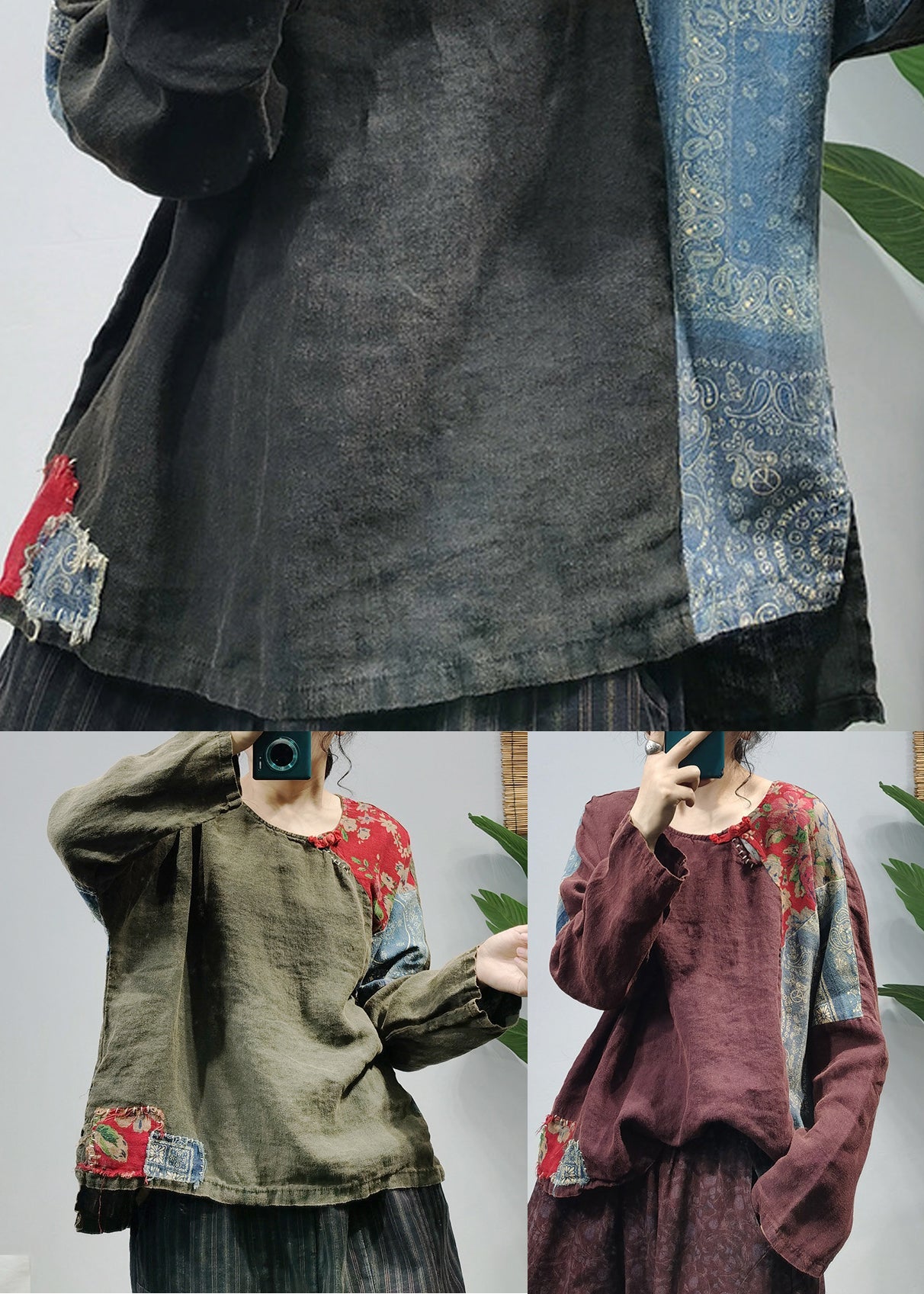 Black Low High Design Linen Blouses Top Long Sleeve