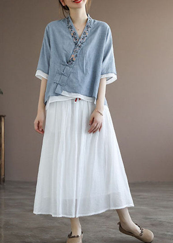 Chinese Style Lake Red Polka Dotsv Neck Double-deck Cotton Top Half Sleeve