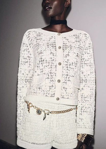 Italian White O Neck Button Hollow Out Cotton Short Coat Fall
