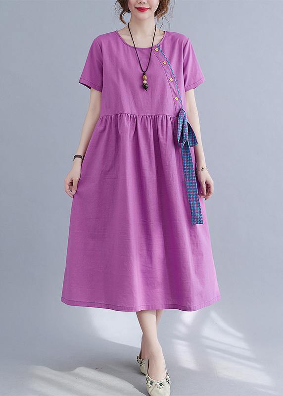 Natural Purple O-neck Linen Summer Cotton Dress