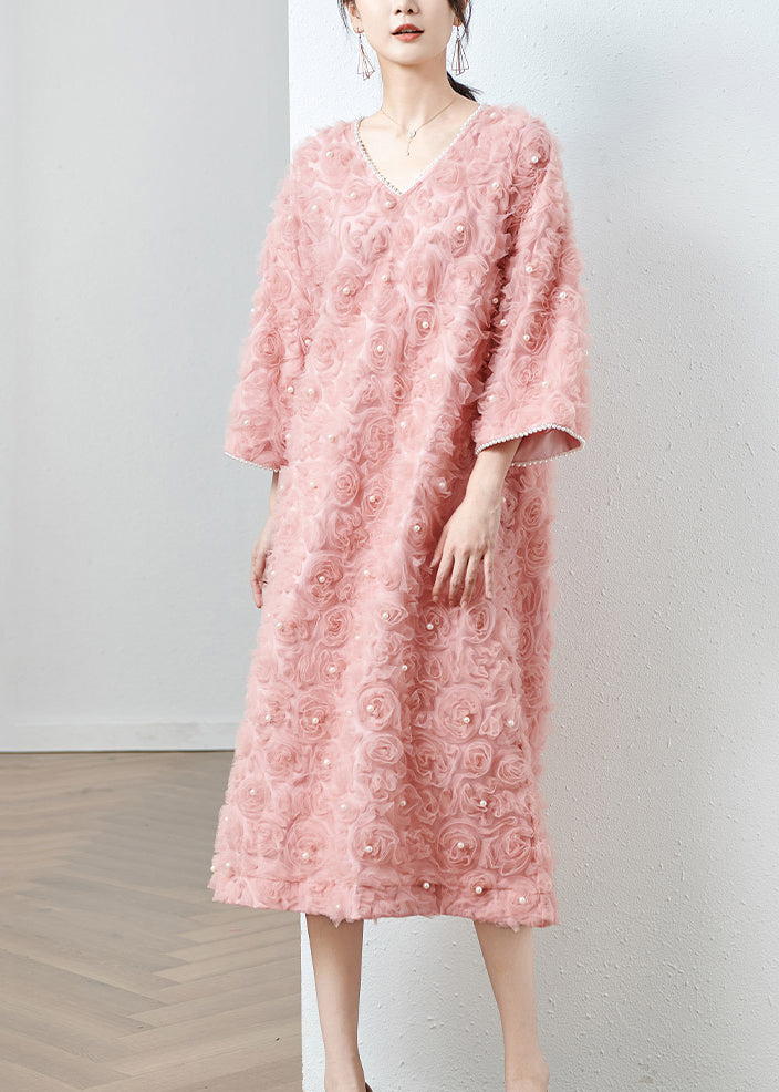 Stylish Pink V Neck Nail Bead Patchwork Tulle Dresses Fall