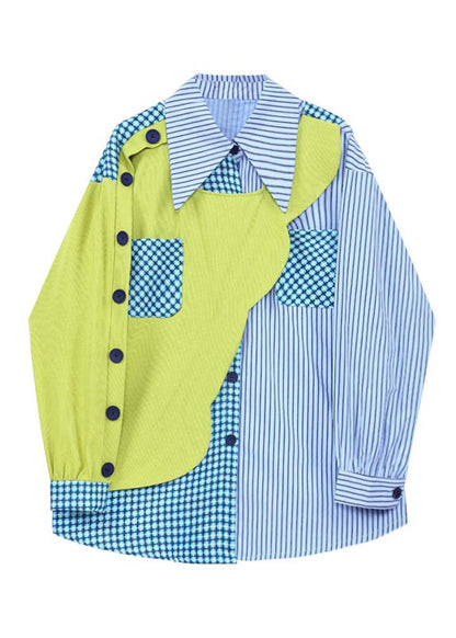 Peter Pan Collar Striped Patchwork Button Shirts Spring